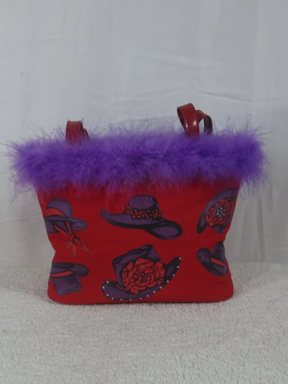 90s Red Hat Bag Red Purple Fabric Vinyl Rhinestone Feather Small Shoulder Purse